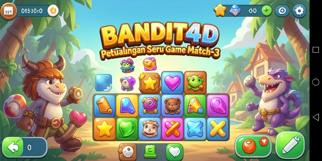 Tampilan gameplay BANDIT4D yang menarik dan penuh warna dalam misi Match-3.