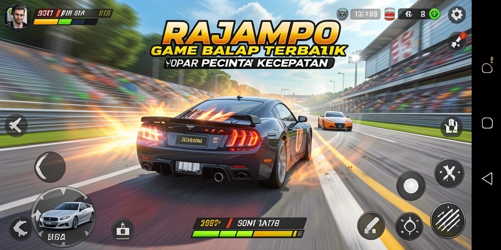 Tampilan gameplay RAJAMPO dengan mobil balap yang melaju kencang di trek yang menantang.